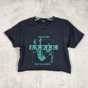 John Galt T-Shirt Womens One Size Black Graphic Crop Top Indie Rock Tour MH330